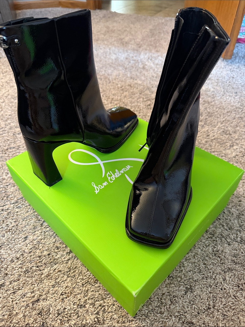 Sam Edelman Black Patent Square-Toe Block Heel Mid-Calf Boots